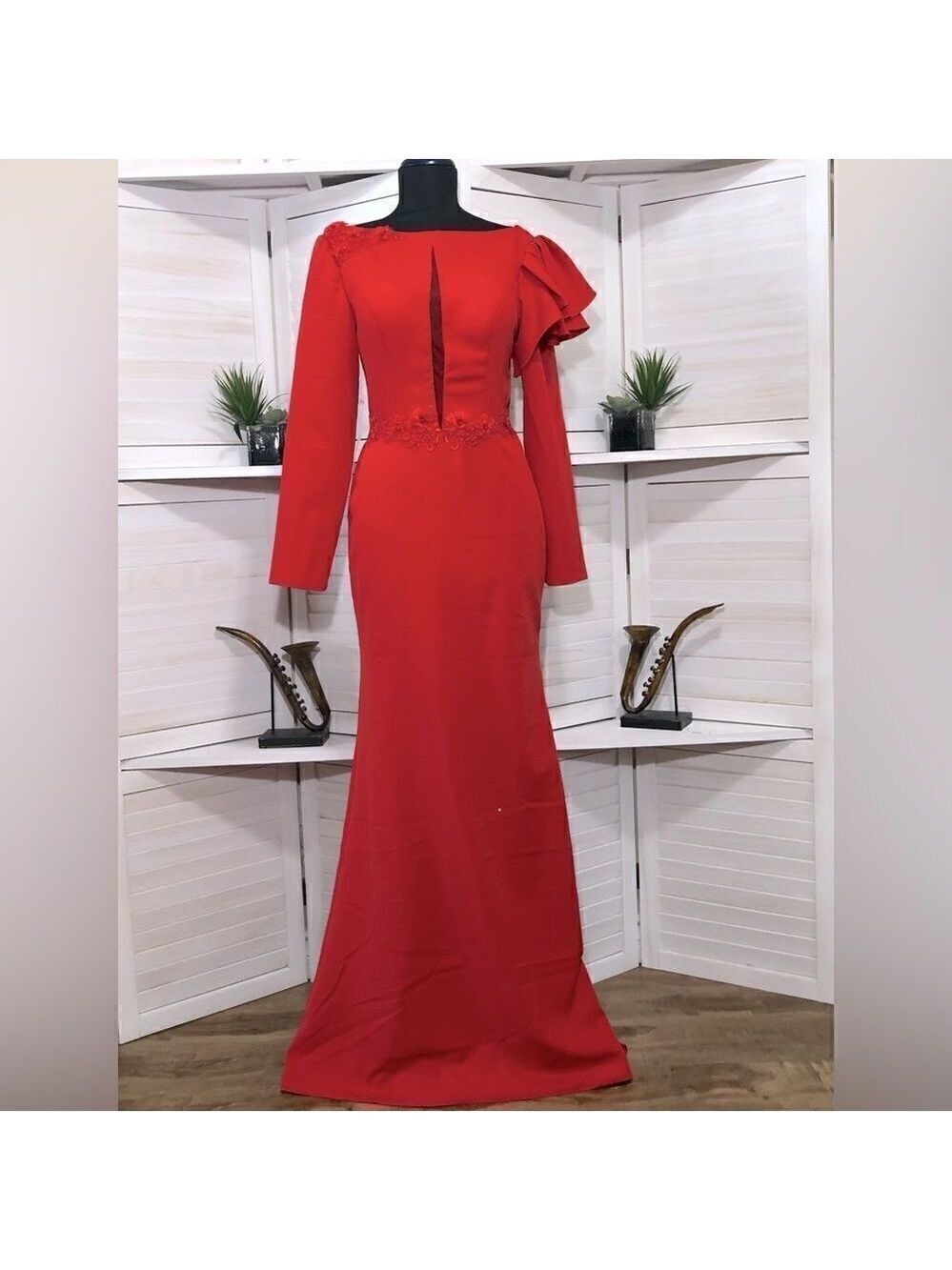 TS COUTURE maxi dress red sexy ruffles mermaid trail wedding guest prom formal 4